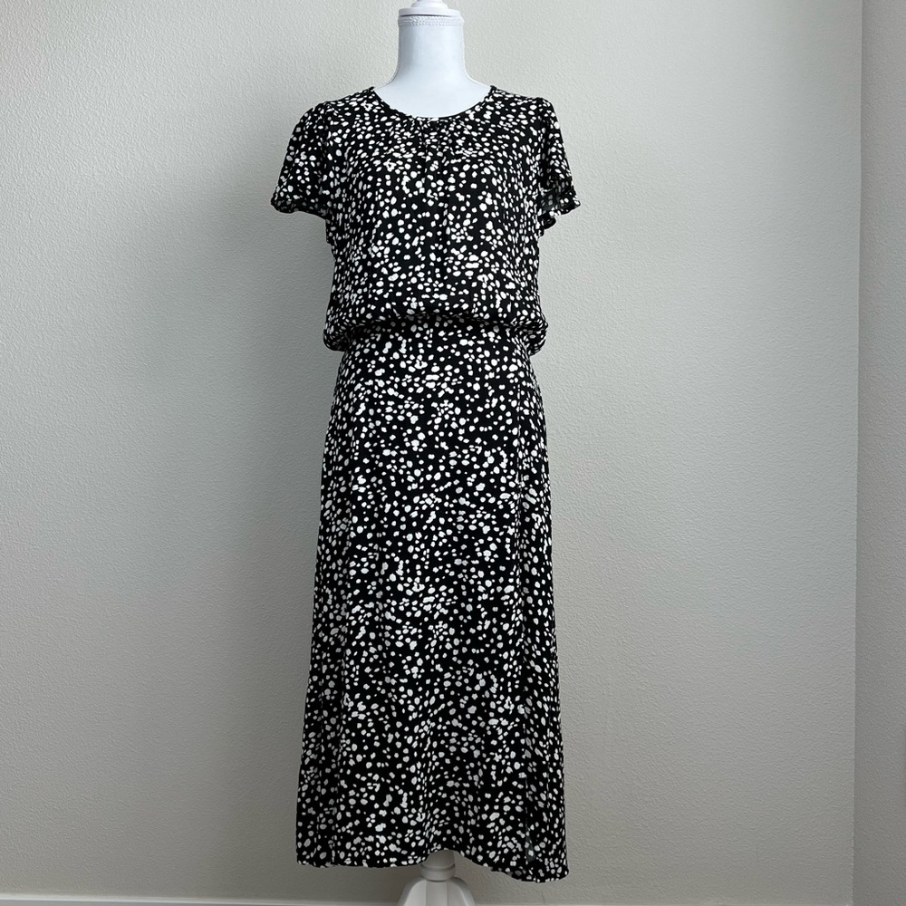 Banana Republic Abstract Polka Dot Black & White Midi Flutter Dress Size M